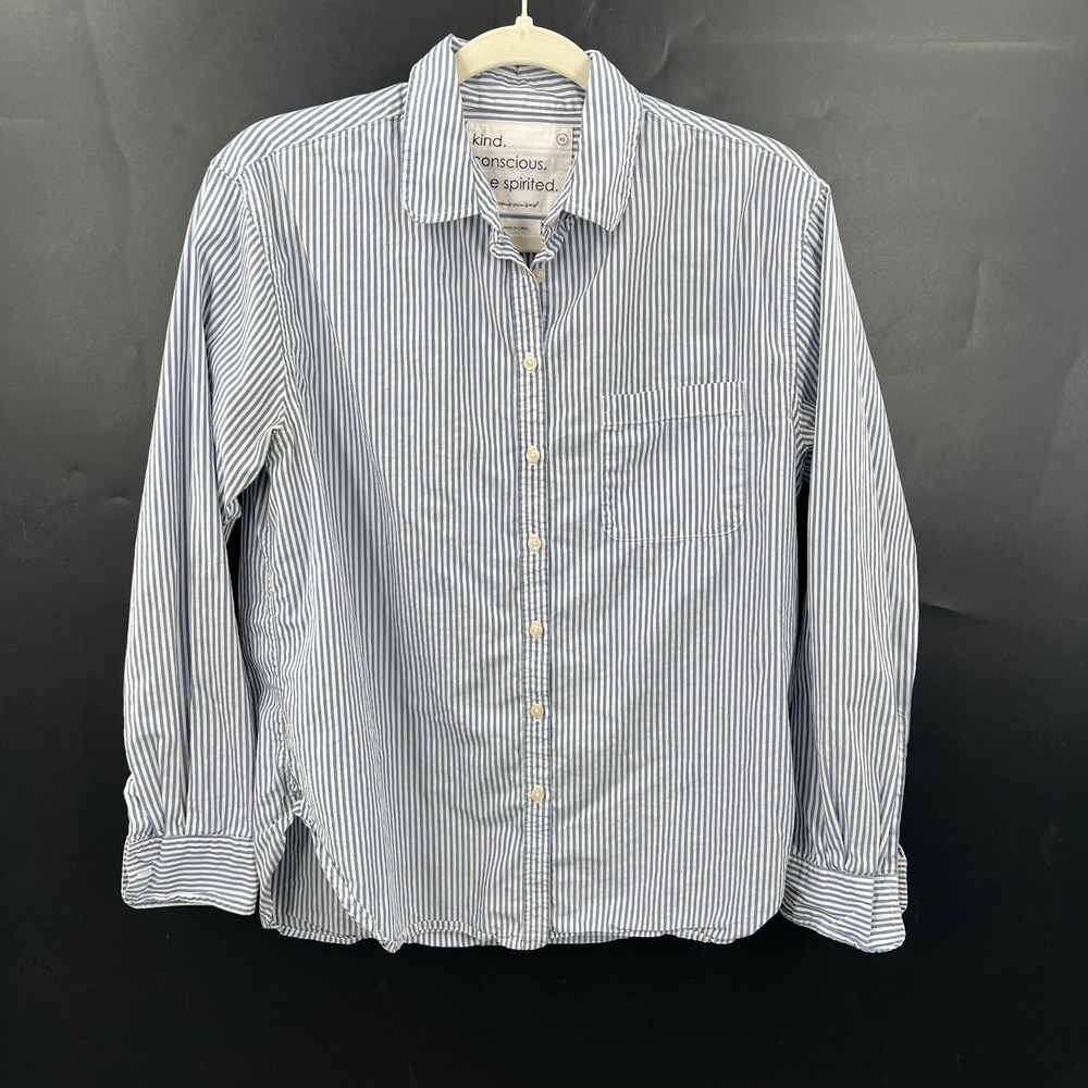 Unsubscribed blue white stripe button up shirt coastal grandma nautical top XS
